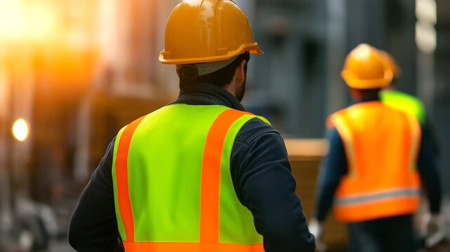 Protective gear, including a yellow helmet and orange vest, sits on a stack of materials as builders in reflective clothing carry out their tasks.