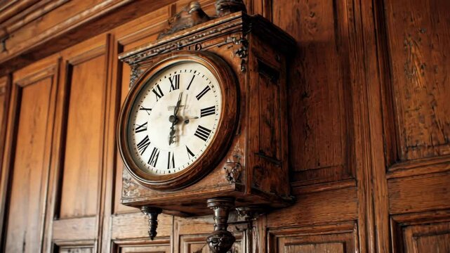 A detailed shot of an antique wooden wall clock on paneled wood.