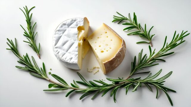 Delicious camembert cheese and rosemary pieces on white background
