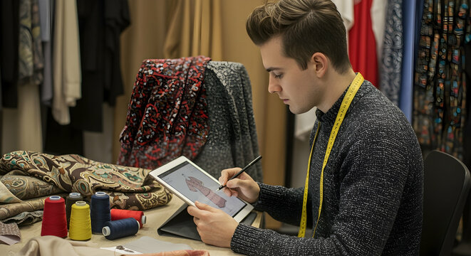 Young male fashion designer sketching designs on a digital tablet surrounded by fabrics and threads