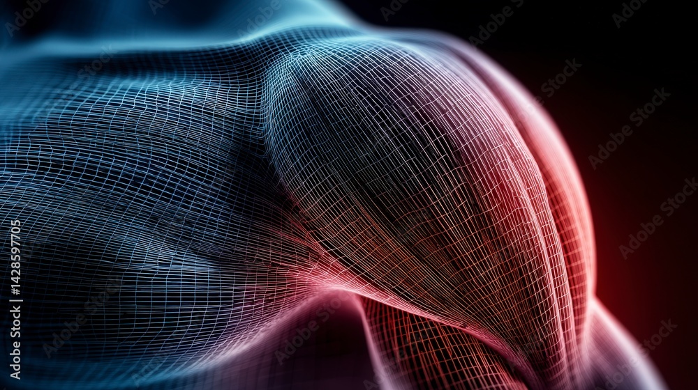 Poster abstract representation of a muscular structure with a colorful grid pattern.