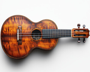image of classic acoustic ukulele chordophone isolated on white background with intricate wood grain detail