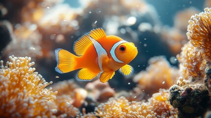 Vibrant orange clownfish swimming amidst sea anemones in sunlit coral reef.