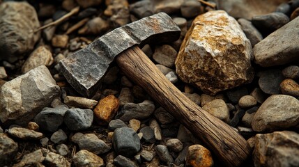 A stone hammer lies on various sized stones with grey and brown colors. It can represent mining, construction, geology, or primitive technology.