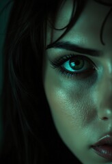 Intense close-up of two piercing green eyes of a woman, high contrast lighting, shadows around the eyes, no other face features visible, dramatic and moody atmosphere