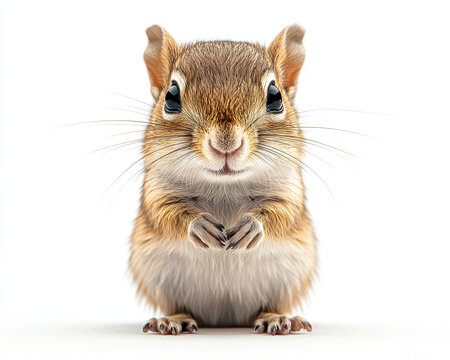 portrait of an adorable chipmunk isolated on white background showcasing detailed fur and expressive eyes in studio lighting setting
