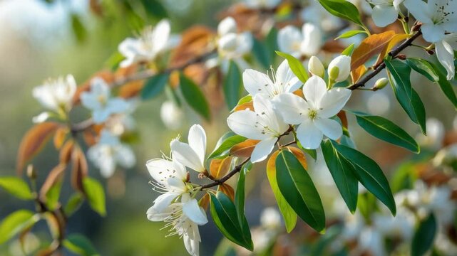 Pyrus pyrifolia white flowers blooming on tree branches with fresh green leaves