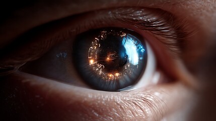 Digital eye strain from blue light exposure close-up of eye reflecting screen light in technology environment