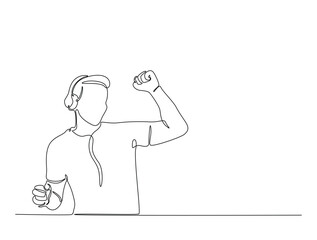 Continuous one line drawing of happy man wearing headphone. Man listening music on headphones or earphones illustration. Editable vector.