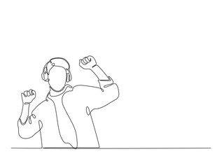 Continuous one line drawing of happy man wearing headphone. Man listening music on headphones or earphones illustration. Editable vector.