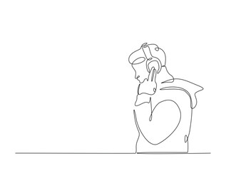 Continuous one line drawing of happy man wearing headphone. Man listening music on headphones or earphones illustration. Editable vector.