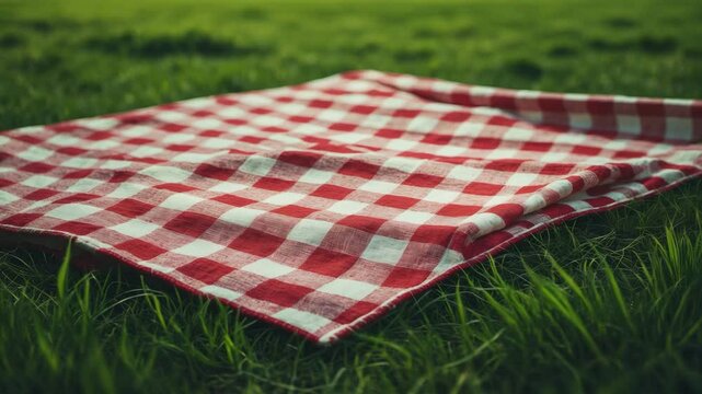 Red plaid tablecloth on grass, empty space blank. Food design marketing template. Picnic site. Checked material. Napkin lying outdoors.