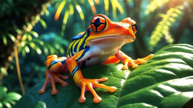 Close-up of tree frog on green leaves, rainforest creature