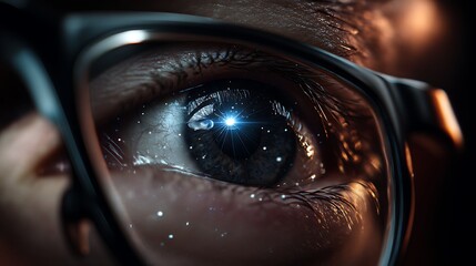 Digital eye strain from blue light exposure technology eye closeup with glowing screen effect in reflection