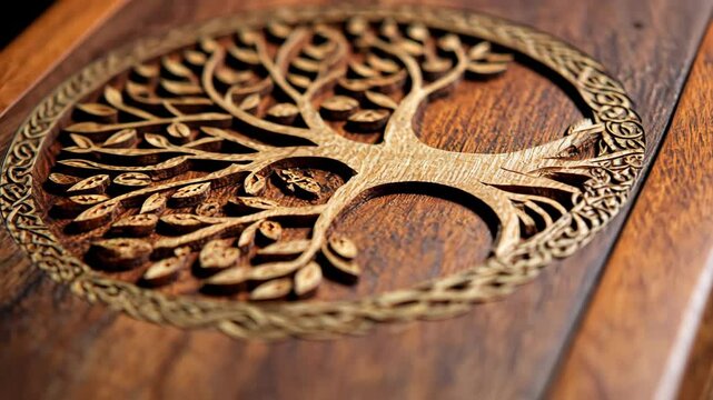 Detailed 'Tree of Life' carving on a polished, dark wooden surface.