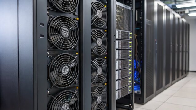 Data center with rows of servers and cooling fans, showcasing modern technology and infrastructure.