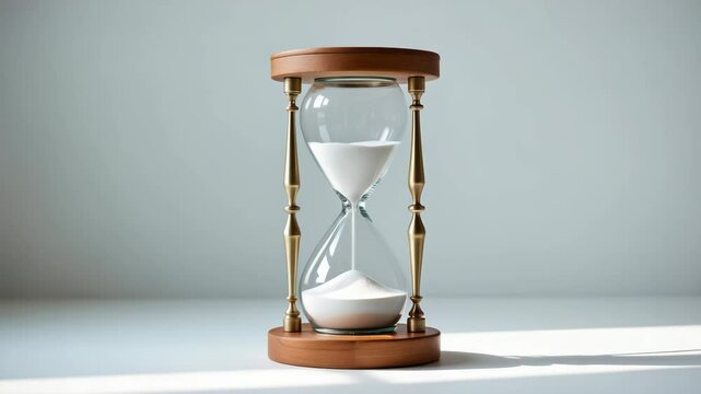 Hourglass displaying white sand on a white background.