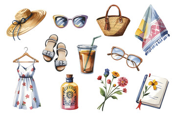 Summer essentials for a fun day outdoors with stylish accessories and refreshing drinks