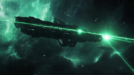 Obraz premium Futuristic Spaceship in Dark Nebula Green Laser Beams Sci Fi Artwork Digital Painting Spacecraft Exploration Galaxy Adventure Cosmic Scene Nebula Background Starship Design Green Energy Space Travel 