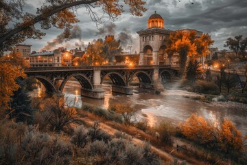 A scenic autumn view of a historic bridge over a river, surrounded by vibrant foliage and city buildings under moody skies.