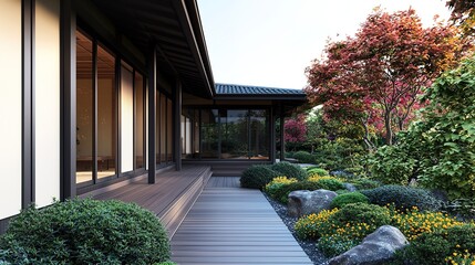 Obraz premium Tranquil bamboo garden tea ceremony japan traditional architecture serene nature wide angle elegant design