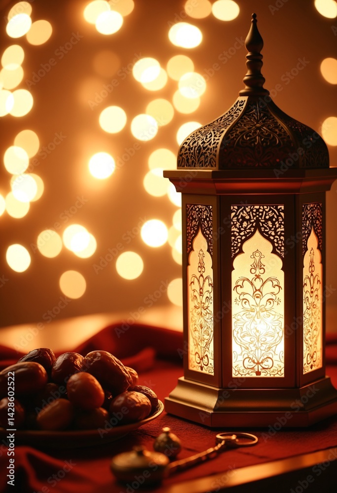 Poster ramadan and eid al fitr concept backgrounds dates with traditional lantern light lamp and tasbeeh, r