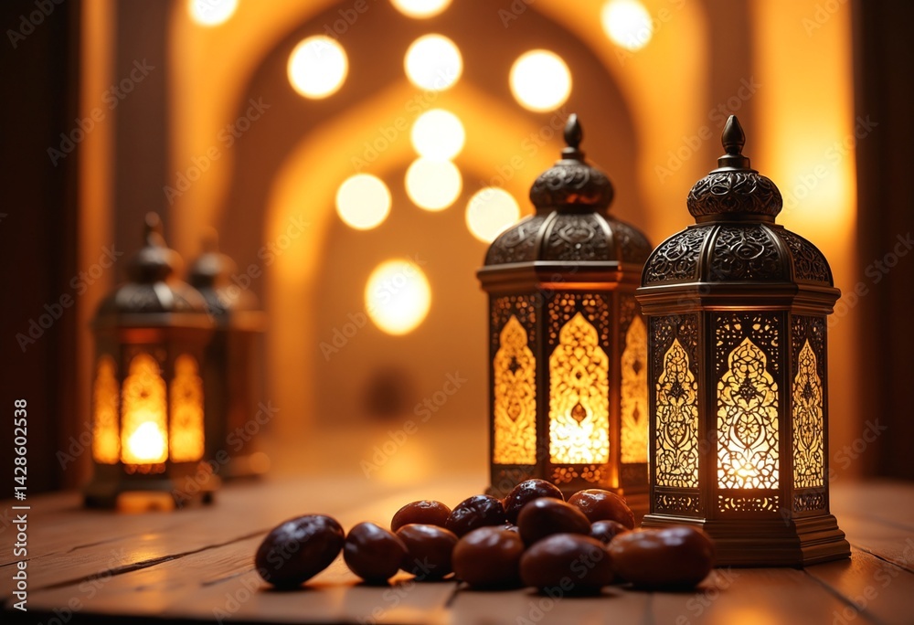 Poster ramadan and eid al fitr concept backgrounds dates with traditional lantern light lamp and tasbeeh, r