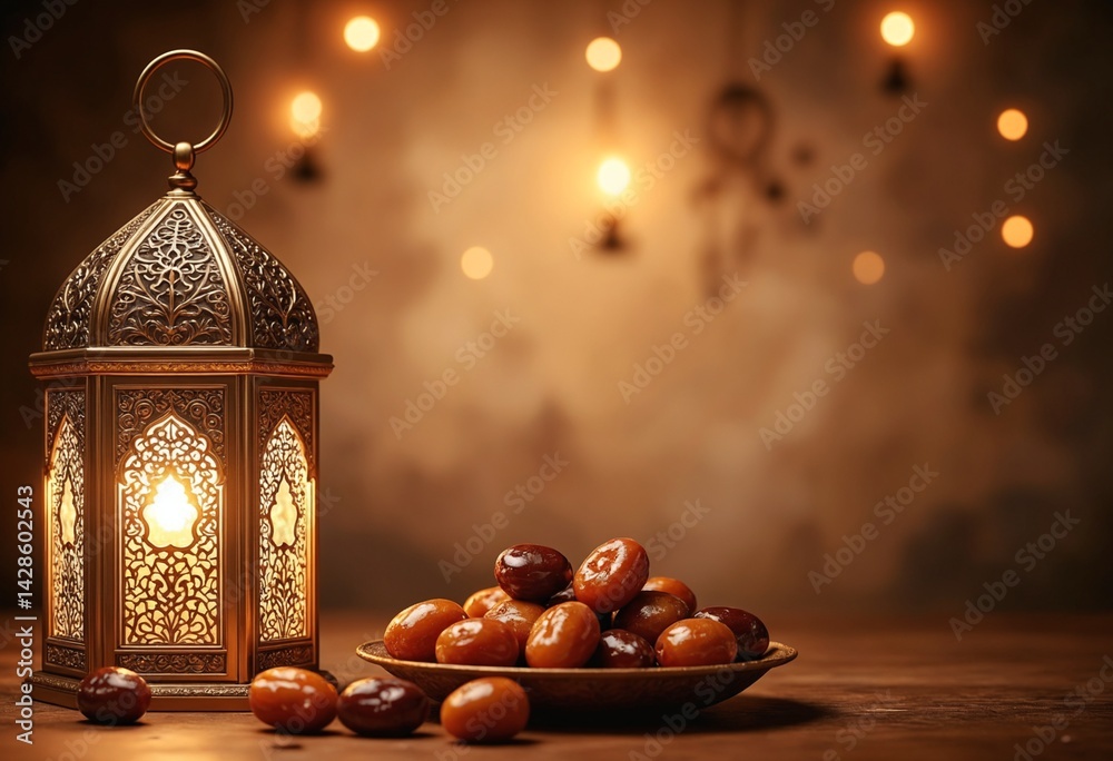 Poster ramadan and eid al fitr concept backgrounds dates with traditional lantern light lamp and tasbeeh, r