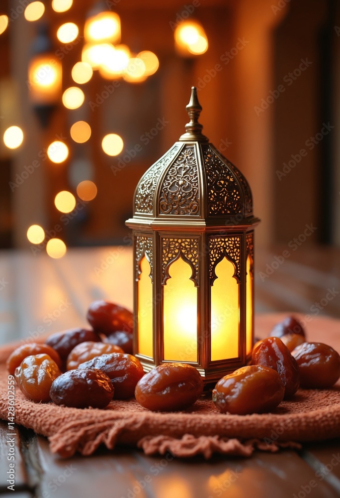 Poster ramadan and eid al fitr concept backgrounds dates with traditional lantern light lamp and tasbeeh, r