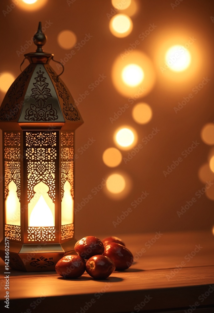Poster ramadan and eid al fitr concept backgrounds dates with traditional lantern light lamp and tasbeeh, r