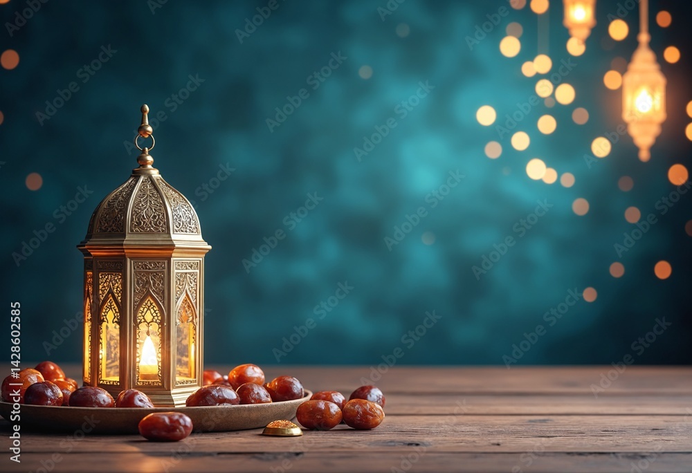 Poster ramadan and eid al fitr concept backgrounds dates with traditional lantern light lamp and tasbeeh, r