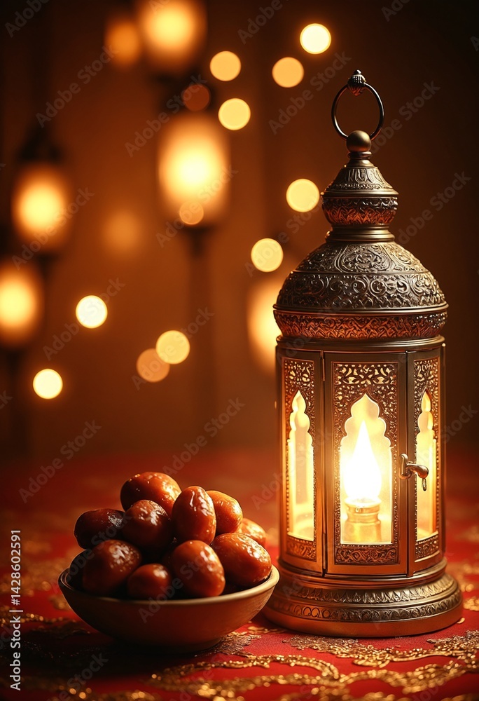 Poster ramadan and eid al fitr concept backgrounds dates with traditional lantern light lamp and tasbeeh, r