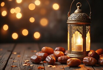 Ramadan and Eid al fitr concept backgrounds dates with traditional lantern Light Lamp and Tasbeeh, Ramadan Kareem Mubarak background