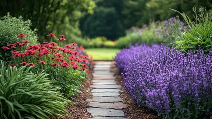 Stone - paved garden walkway surrounded by striking red flowers and dense purple lavender, set against a backdrop of greenery and trees.