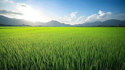 Fototapeta premium Serene Green Rice Paddy Field Landscape Under Sunny Sky Bright Lush Vibrant Natural Scenery Tranquil Peaceful Idyllic Rural Agricultural Farmland Beautiful Nature View Blue Vast Image Photo Fresh 