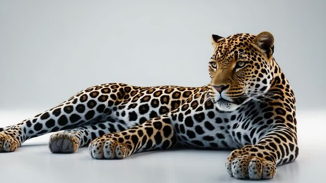 Profile view of a leopard lying down and looking assertively at the camera, with a white backdrop.