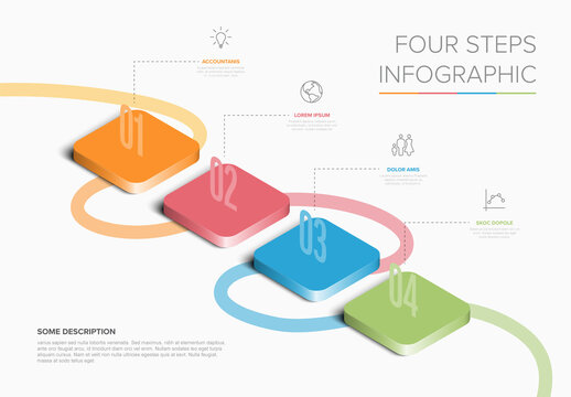 Four multipurpose pastel isometry Steps Infographic template with descriptions and icons on light background