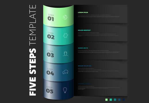 Colorful Five blue green Steps Infographic Template Design with paper stripes on dark background