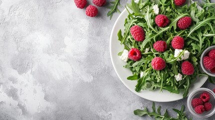 Overhead shot of arugula salad with raspberries and feta cheese on gray surface. Perfect image for healthy recipes, food blogging, or lifestyle articles.