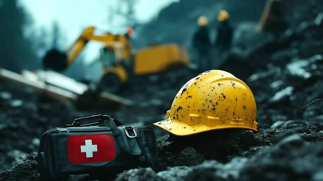 A construction site scene where a yellow helmet, high-visibility vest, and emergency first aid kit are positioned on rough terrain, symbolizing worker protection.