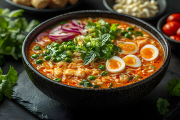 Curry Laksa styled on rustic black stone table with side ingredients