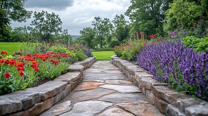 Rustic stone - lined garden path with vivid red blooms and abundant purple lavender on either side, under a partly cloudy sky with lush foliage in the distance.