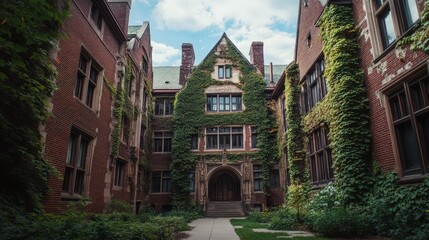 Fototapeta premium A university campus with historic brick buildings covered in ivy and wide open courtyards