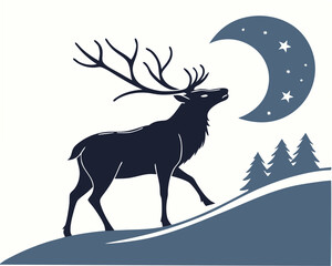 Reindeer silhouette walking under a starry night sky  