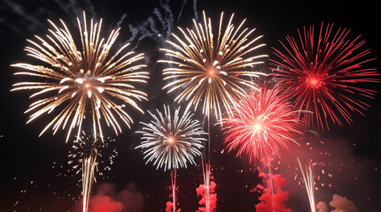 Night Sky Bursts: Golden and Red Fireworks Illuminating the Darkness