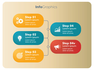 Colorful infographic template with 4 numbered steps featuring icons and text placeholders. Modern flat design with rounded rectangles in orange, teal, red colors on beige background.