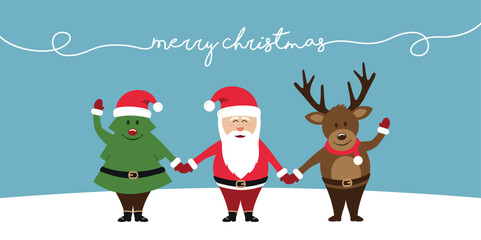 cute christmas greeting card with santa and deer characters vector illustration