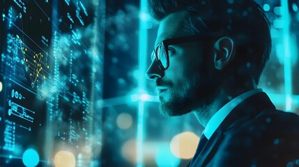 Visionary Tech Insight: A sharp-dressed person peers intently at a cutting-edge technological display, illuminating their focused gaze with a cool, modern aesthetic.