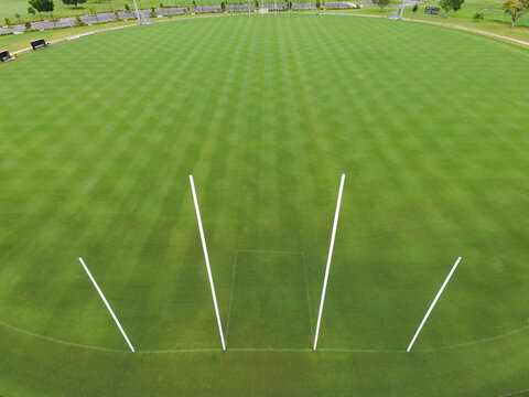 Aerial view of AFL footy field and goal posts.