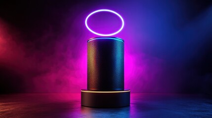 Modern speaker on a pedestal, illuminated by vibrant neon lights